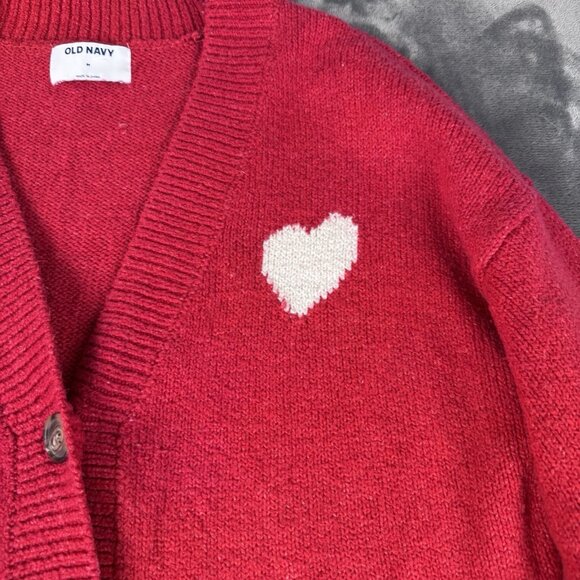 Old Navy Slouchy Cardigan Sweater Red Heart Button Front Cotton Womens M - Picture 2 of 9